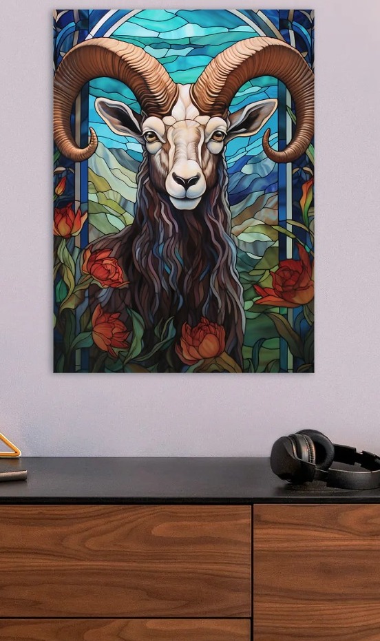 Stained Glass Ram with Floral Accents — metal poster wall art by Lineer